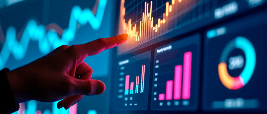 Eine Hand zeigt auf ein digitales Dashboard mit Diagrammen und farbigen Balken zur Datenanalyse.