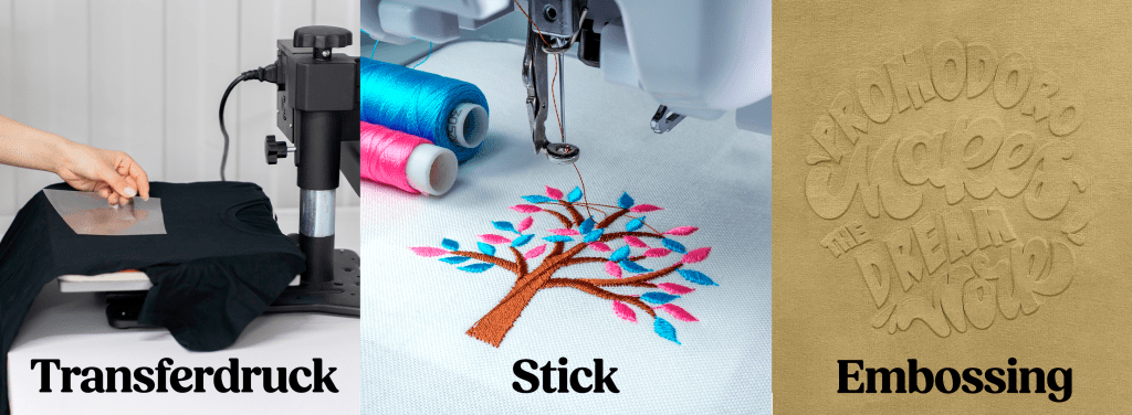Drei Veredelungsarten für Textilien im Vergleich: Transferdruck auf einem T-Shirt, farbige Stickerei mit Nähmaschine und geprägtes Embossing auf Stoff.