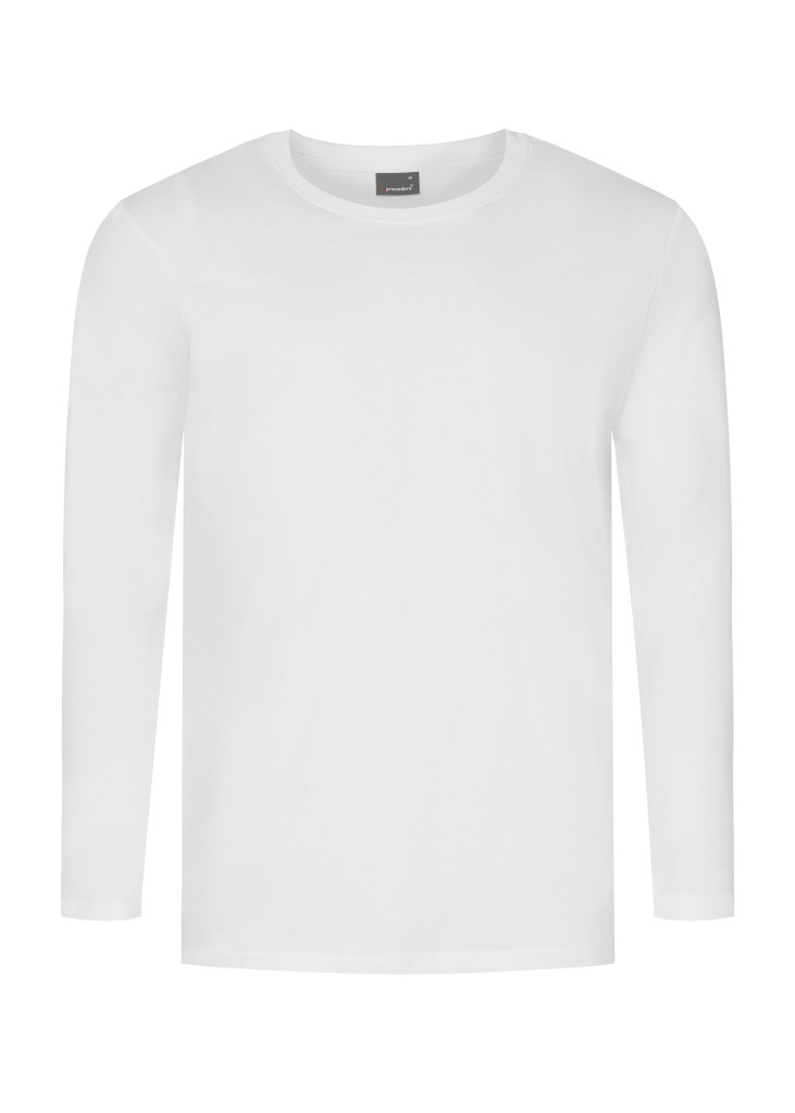 Weißes Herren-Longsleeve mit Rundhalsausschnitt auf hellem Hintergrund.