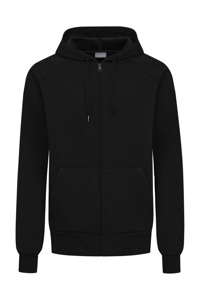 Schwarze Herren-Hoody-Jacket mit Kapuze und durchgehendem Reißverschluss auf hellem Hintergrund.