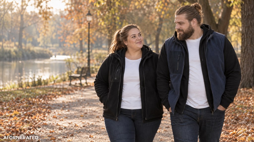 Frau und Mann in Plus Size gehen lachend durch einen herbstlichen Park, beide in drei Schichten mit Fleeceweste.