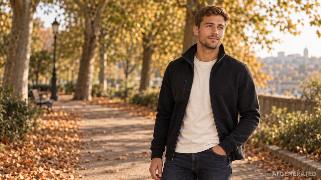 Mann in offener Fleecejacke über einem T-Shirt steht in der Herbstsonne im Park.